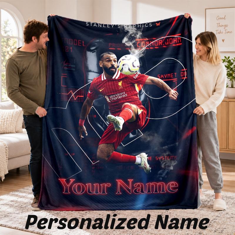 Mohamed Salah Personalized Flannel Blanket Custom Name Text Soft Throw Blanket Home Decor