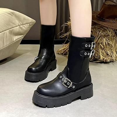 Модная женская обувь 2024 года, высококачественные женские сапоги с круглым носком, однотонные, короткие, на платформе, с толстым каблуком, модные сапоги