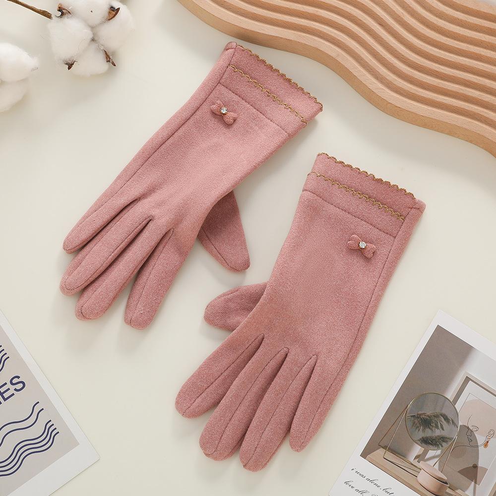 Теплые перчатки женские бархатные утолщенные ветрозащитные для улицы для верховой езды модные милые с бантом осенне-зимние перчатки