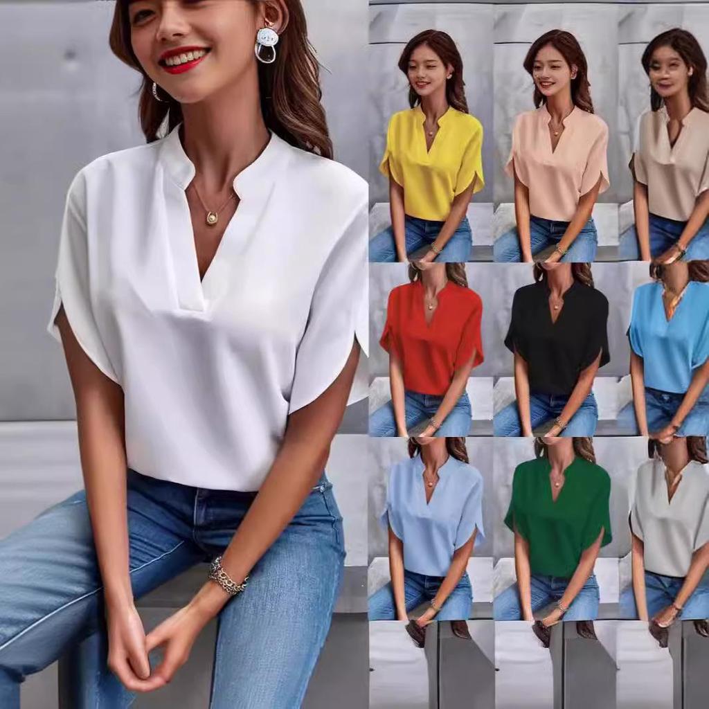 2024 Women's Casual Summer V-neck Loose Solid Color Blouse