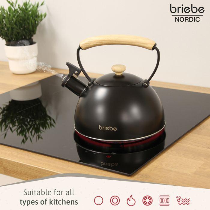 Bouilloire À Induction Théière Sifflet 2,3L Acier Inox, Poignée En Bois Briebe Wooden Noir 00386