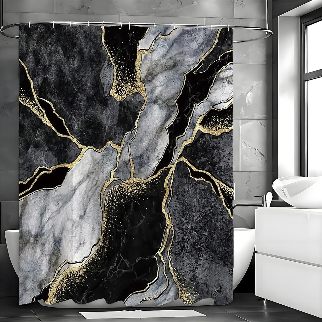 Abstract Ink Black Gold Gray Marbled Shower Curtain, Bathroom Decorative Shower Curtain, Waterproof Shower Curtain with Hooks