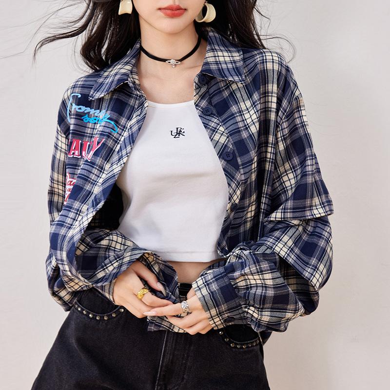 Ladies Autumn Check Loose Shirt Vintage Top