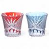 Mizukage Kiriko Pair of Glass Orchid Carving Small Red Ink Current Model J-kitchens Cups, 90xH85mm, 240cc, Pattern, & Blue, Bisho,