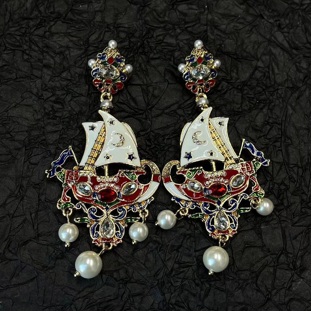 Средневековые европейские придворные серьги-подвески в виде парусника с драгоценными камнями – Винтажный роскошный дизайн