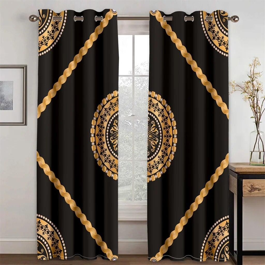 3D Modern Luxury Brand Design Baroque Black Gold 2 Pieces Thin Shading Window Curtain For Living Room Bedroom Decor Rod Pocket