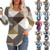 Women's Fashion Casual Pleated Round Neck Geometric Square Print Long Sleeve T-shirt Top