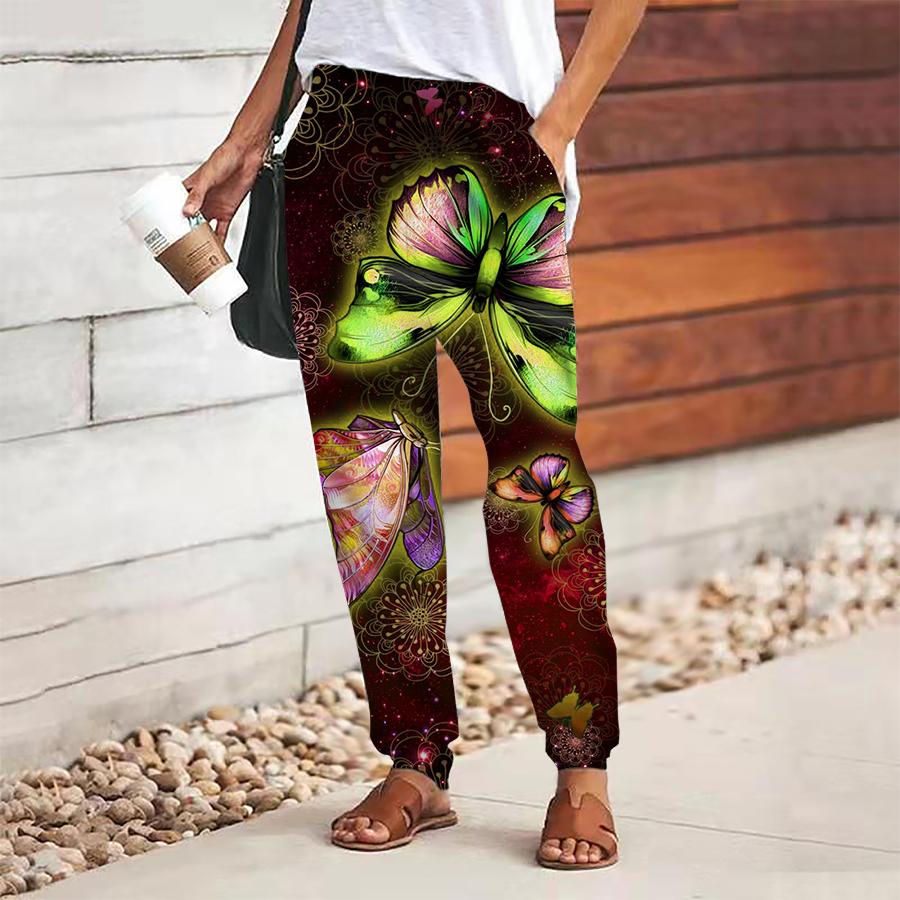 Women Retro Printing Pants Lace Up Elastic Waist Loose Trousers Casual Long Pants Trousers with Pockets