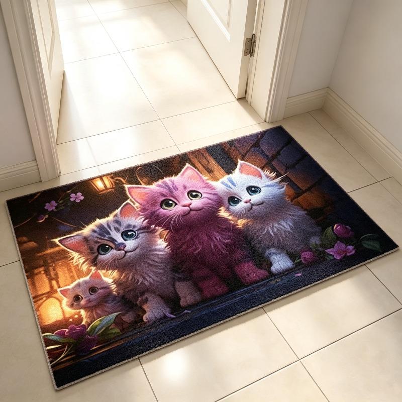 Purple Fluffy Cat With Headphones Fantasy Galaxy Rose Print Doormat Non Slip Entrance Floor Mat Cute Pet Front Door Home Decor Rug