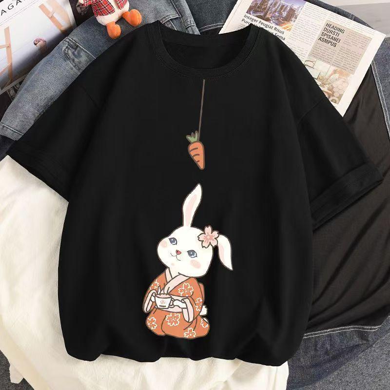 Футболка с изображением кролика из хлопка для женщин 2025 года, летние новые белые трендовые женские свободные топы с короткими рукавами