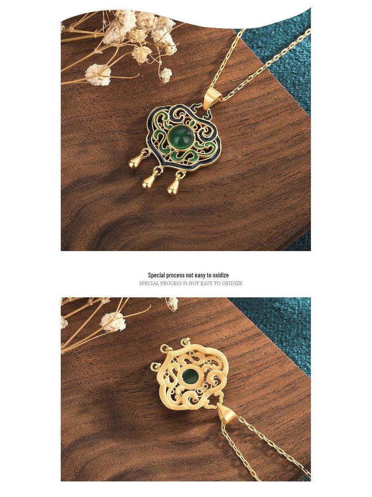 Vintage Court Style Enamel Filigree Necklace with Inlaid Green Chalcedony Ruyi Lock for Women