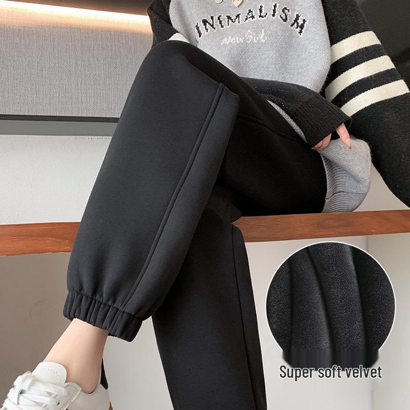 Женские флисовые спортивные штаны с высокой посадкой и манжетами - Толстые серые джоггеры для осени/зимы 2024