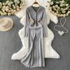 Autumn Spring Women Elegant V-neck Knitted Sweater Single Breasted Long Midi Split Dresses