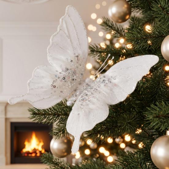 Pink Champagne Butterfly Decor Velvet Christmas Ornaments, Artificial Glitter Sequins Xmas Tree Sparkling Diamond Pendant Decoration for Holiday