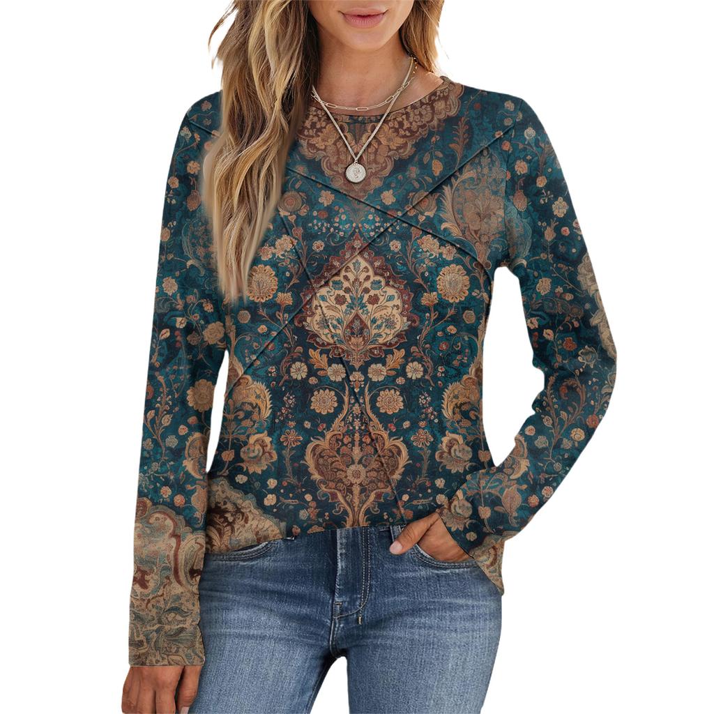 Fashion Women's Long Sleeve Round Neck CasualPleated Floral Print Loose Top