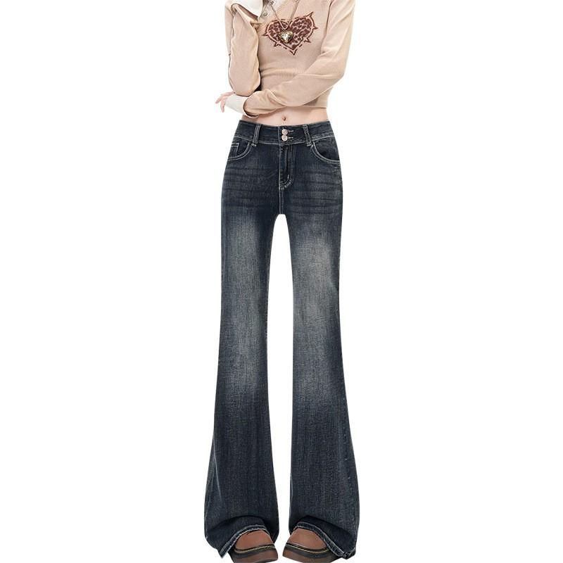 High-Waisted Stretch Flared Jeans Women Blue-Grey Slim Fit Cropped Wide Leg Denim Trousers
