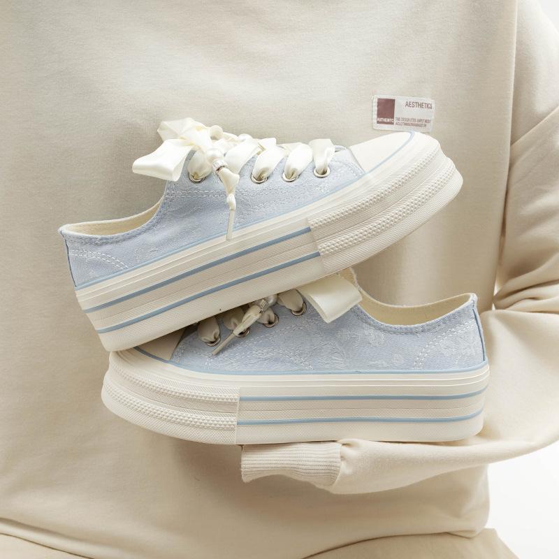 Женские 2025 Новые Корейские Бандажные Резиновые Толстая Подошва Холщовые Туфли Низкий Верх На Шнуровке Повседневные Универсальные Кроссовки на Платформе