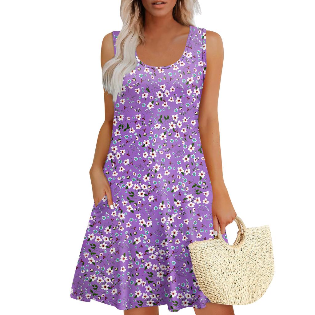Women's Summer Casual U-shaped Tie Pocket Popular Floral Print Dress
