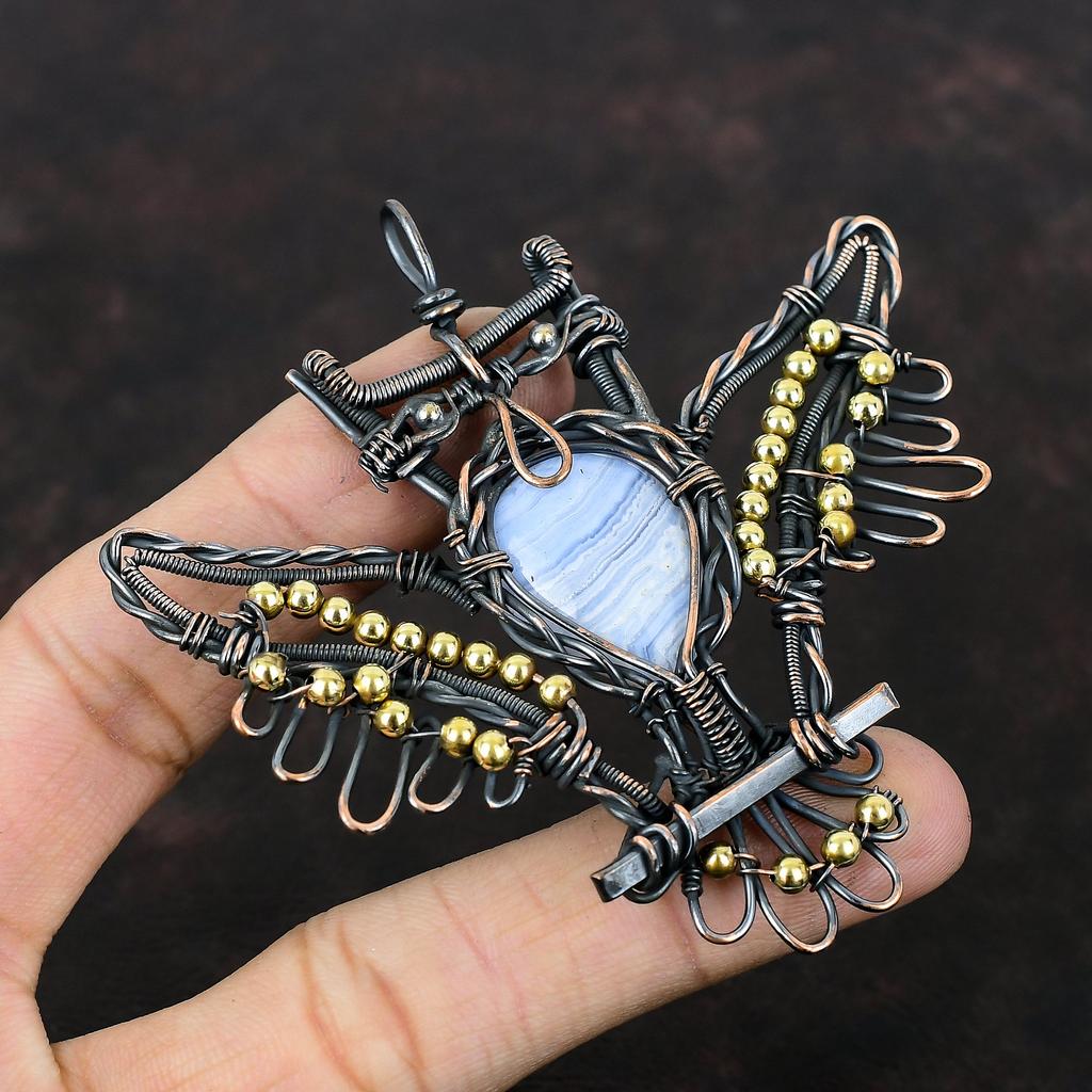 Подвеска из голубого кружевного агата, подвеска из драгоценного камня, подвеска из медной проволоки, подвеска ручной работы в виде совы, медное ювелирное украшение в подарок для нее, подвеска последнего дизайна