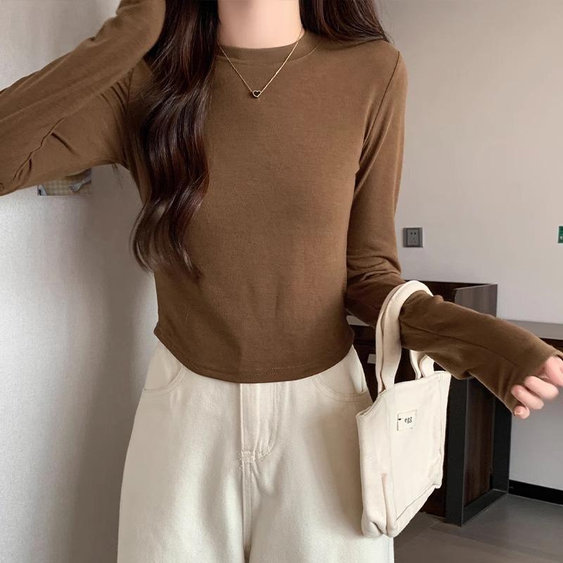 Абрикосовый круглый вырез, тонкий, с правым плечом, с длинным рукавом, однотонная эластичная футболка для женщин с высокой талией, укороченный внутренний топ, осень