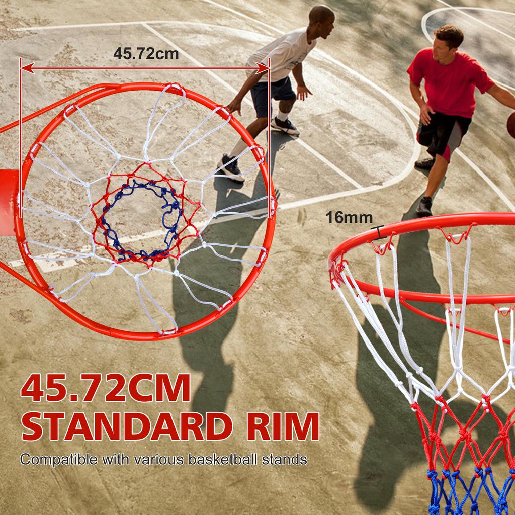 45.72cm Basketball Rim Replacement, Wall Door Mounted, Heavy Duty Flex Rim Goal with Net, Fits In-Ground & Wall-Mounted Hoops, Indoor/Outdoor (Red)