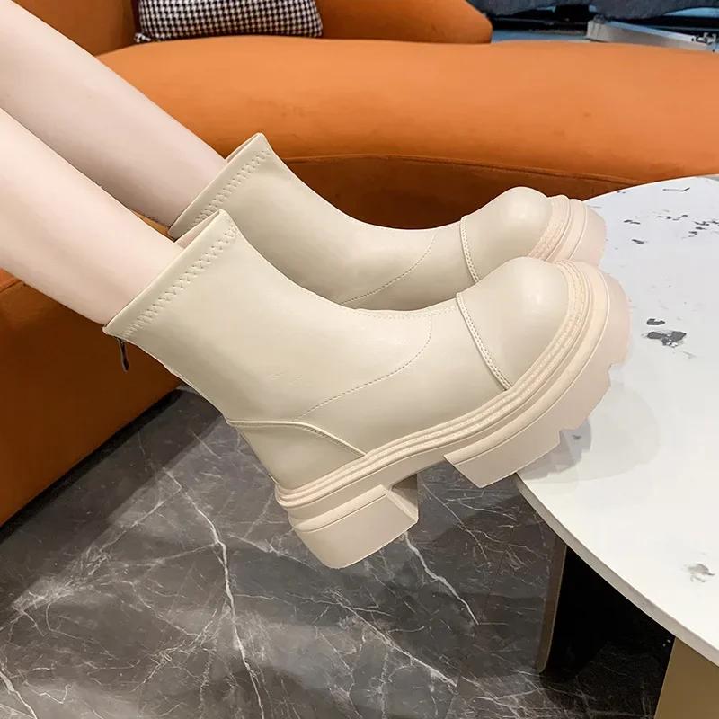 Platform Women Short Boots Fashion Back Zippers Ladies Shoes 2024 New Autumn Winter Beige Casual Ankle Boots for Women