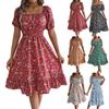 Women's Fashion Floral Print Square Neck Short Sleeve Waisted Ruffled A-Line Skirt