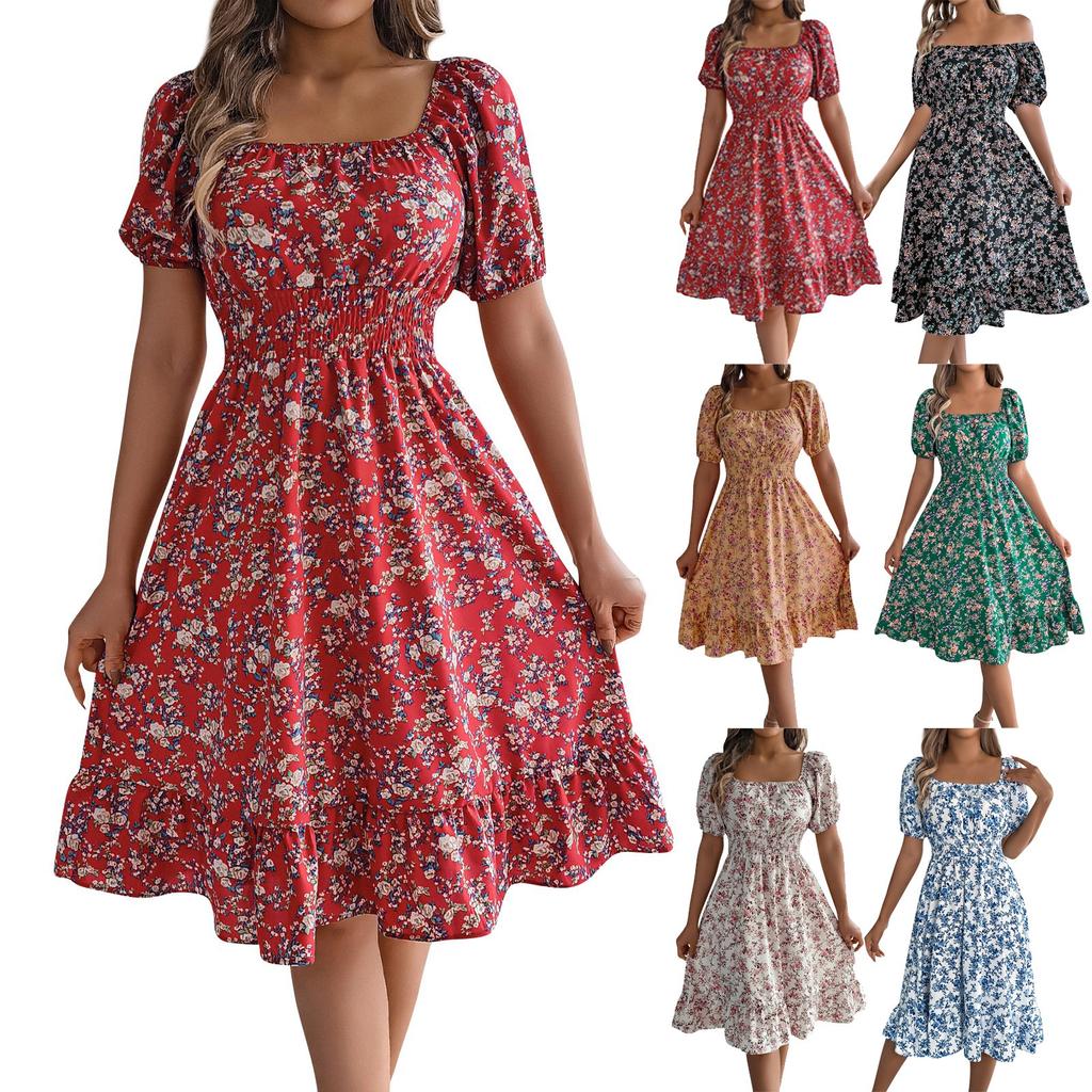 Women's Fashion Floral Print Square Neck Short Sleeve Waisted Ruffled A-Line Skirt