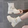 Heel 7cm  Genuine Leather Platform Wedge Ankle Knee High Booties Motorcycle Boots Women Flats ZIP Ankle Booties Punk Fashion