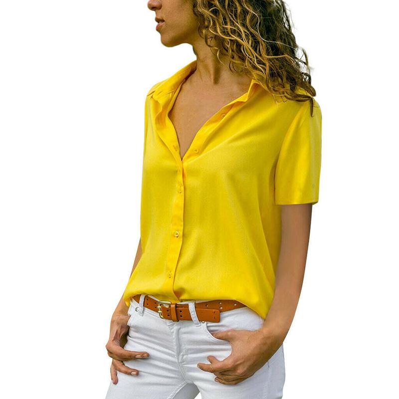 Women V Neck Tops Solid Blouse Short Sleeve Fashion Tees Loose Summer
