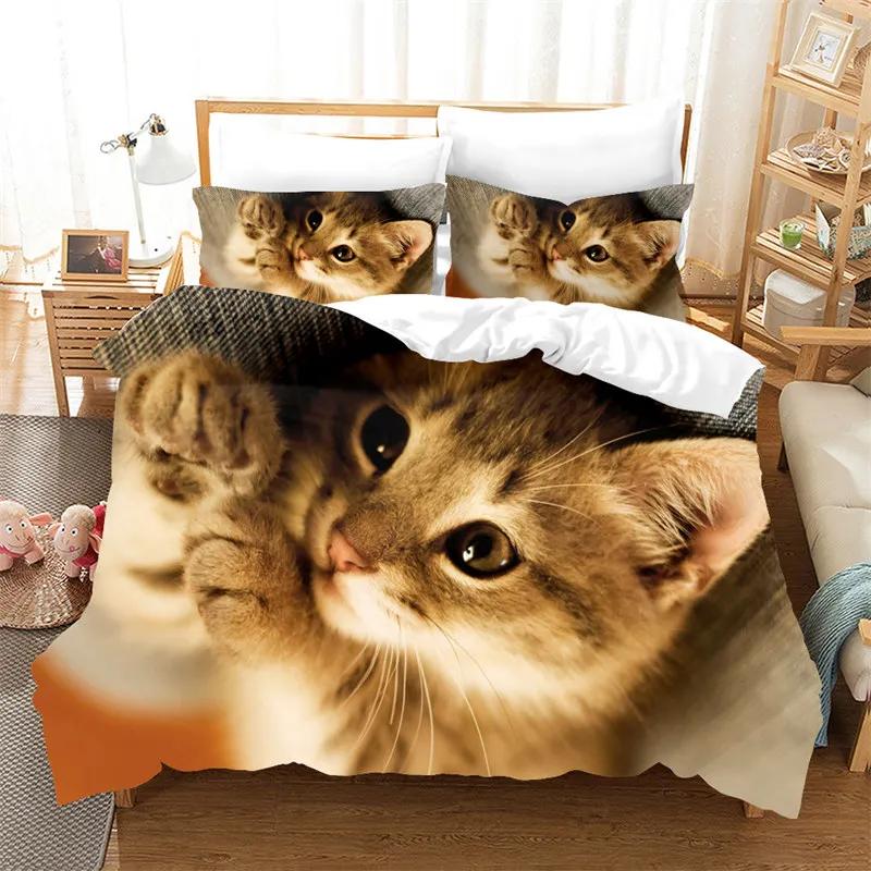 Комплект постельного белья с 3D-принтом и милым котом, пододеяльник из микрофибры с изображением животных и наволочками для двойни для девочек-подростков