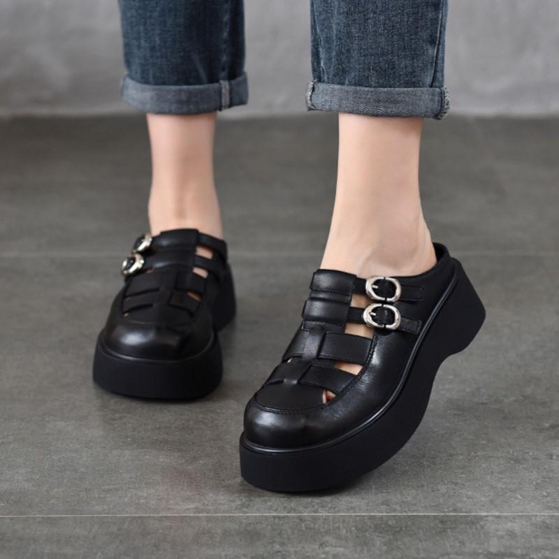 Johnature Женские уличные тапочки с круглым носком и полыми отверстиями, легкие сандалии из натуральной кожи на толстой подошве