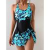 Women's Elegant Conservative One-Piece Swimsuit with Skirt - Tummy Control High Elasticity Floral Print Black & Blue Adjustable Swimwear