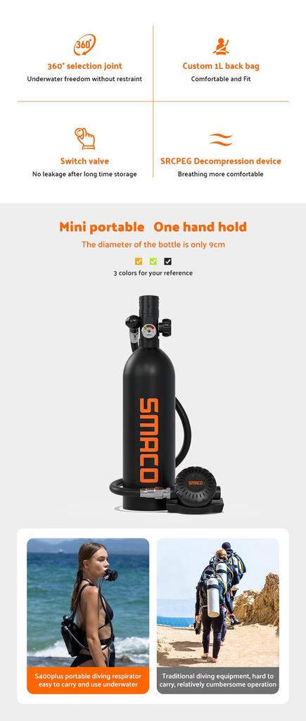 SMACO S400 Plus 1L Mini Scuba Diving Balloon для 15-20 минут использования Time Легкий и портативный комплект для дайвинга - зеленый