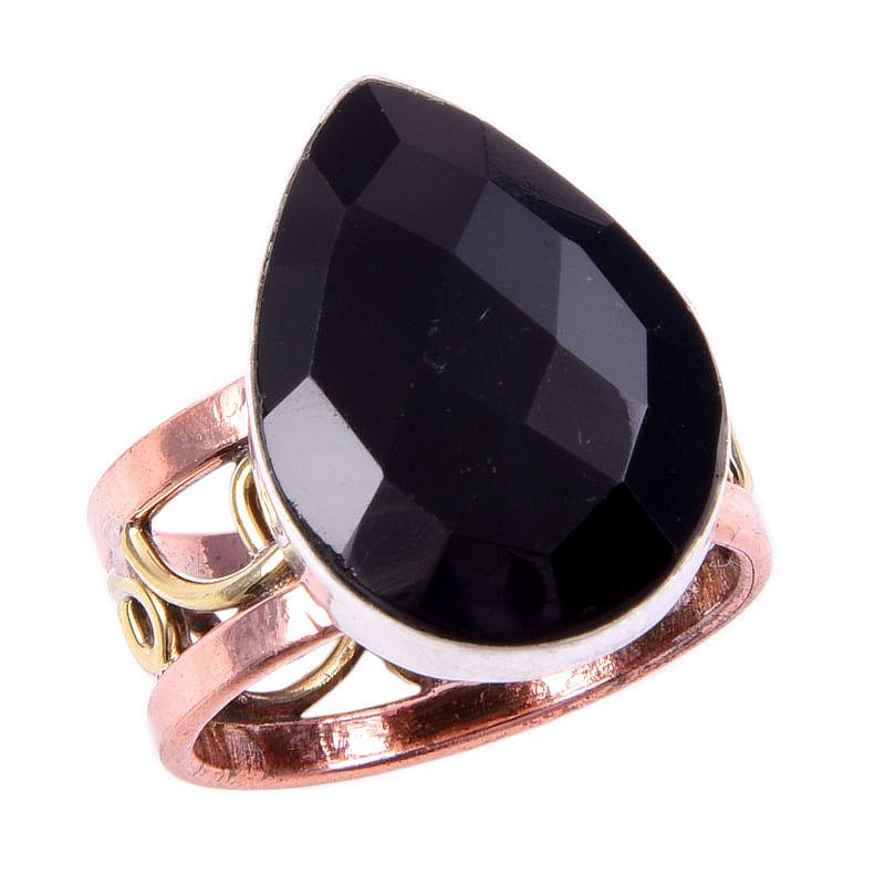 Натуральный черный оникс, драгоценный камень, твердое серебро 925 пробы, ювелирные изделия, двухцветное кольцо, размер 7US i3B46