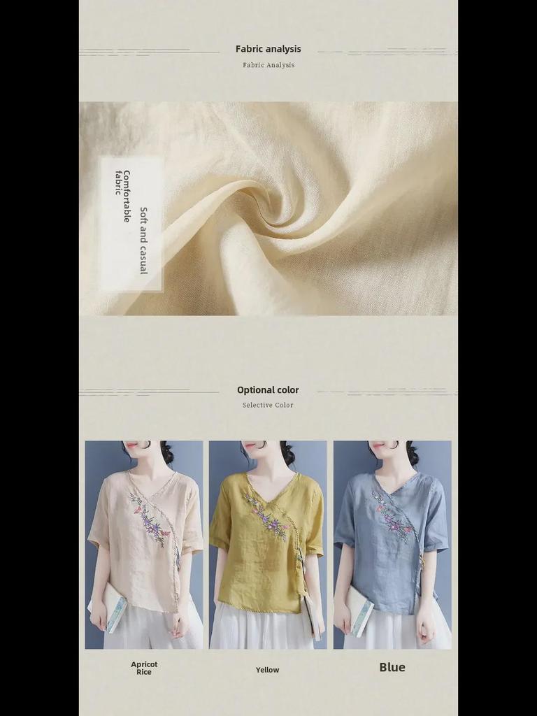 Women's Ethnic Style Cotton & Linen Shirt: Retro Olive Wood Buttons, Slanted Collar, Embroidery, Loose Five-Point Sleeves, Pullover.