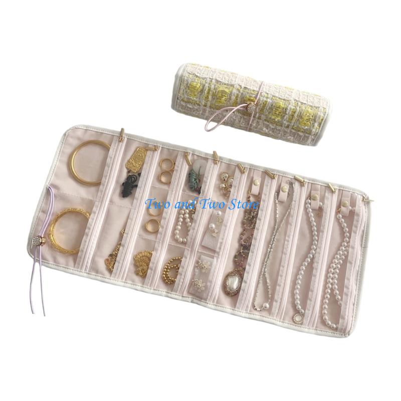 HX6F Sustainable Fabric Jewelry Organiser for Women Portable Multi Compartment Storage Bag For Necklaces Earrings