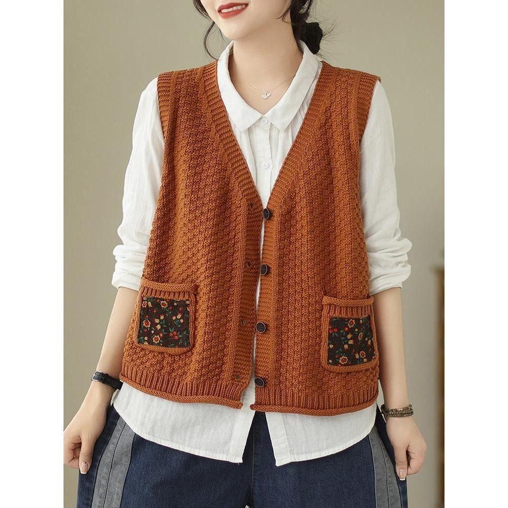Женский вязаный жилет-кардиган из хлопка с цветочным накладным карманом, свободный и утягивающий, осенний повседневный с V-образным вырезом, без рукавов