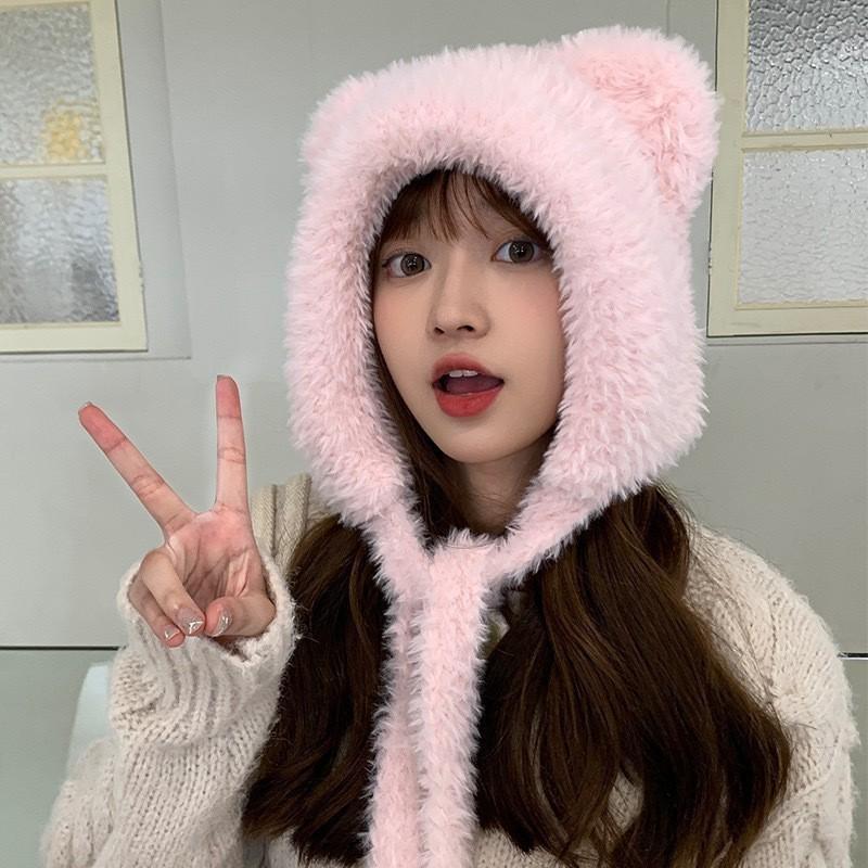 Hat Female Autumn and Winter Warm Knitted Wool Snow Hat Cycling Mother Fashion Ear Protection Headgear Scarf Integrated Hat