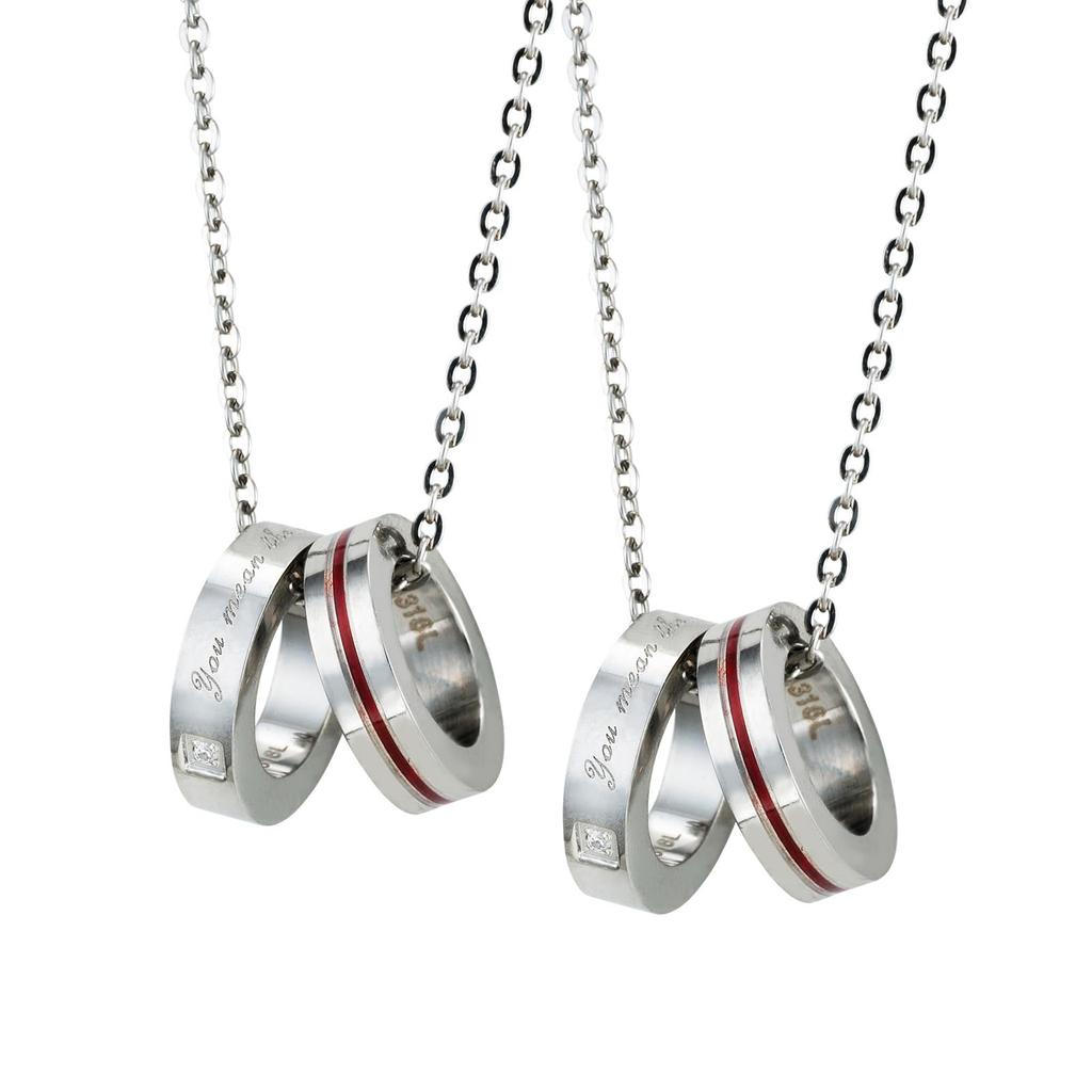 Pair Necklace Set of 2 Surgical Stainless Steel Red Thread Double Ring Ring Parts 2 Message Cubic Zirconia Hypoallergenic 38cm 45cm 4SUP110SV