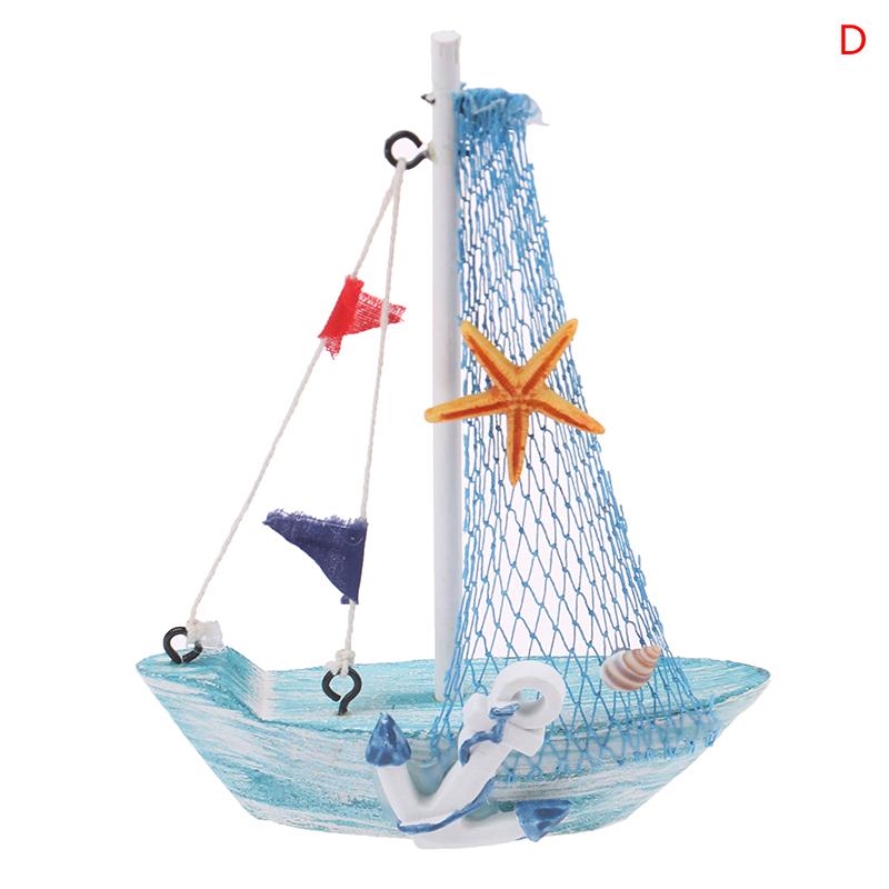 1PCS Mediterranean Style Marine Nautical Wooden Blue Sailing Boat Ship Wood Crafts Ornaments Party Home Decoration