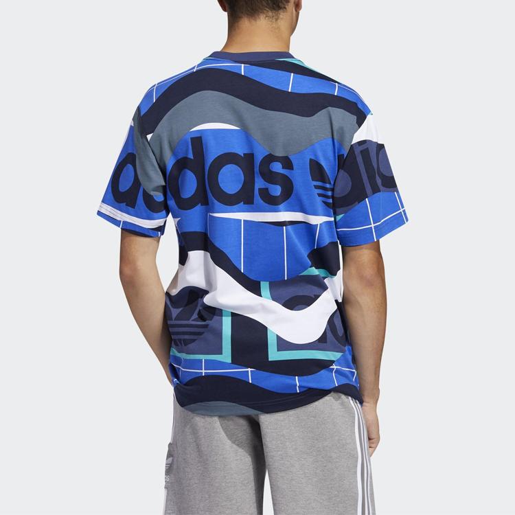 adidas Оригинальная футболка с трилистником и принтом по всей поверхности, коллаж с круглым вырезом и короткими рукавами, мужские топы, синий FM1554