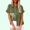 Плюс размер Женская повседневная льняная футболка с коротким рукавом и принтом кота, женская свободная блузка на пуговицах