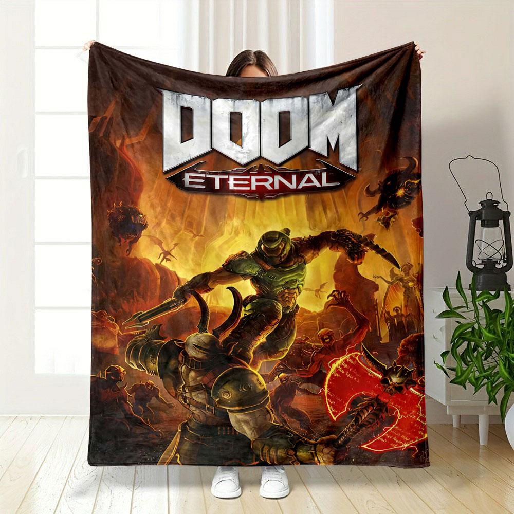 A warrior fights demons amidst fiery chaos with glowing weapons. for all seasons blanket lunch break throw gift