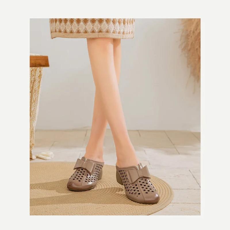 Johnature Женские тапочки из натуральной кожи с толстым каблуком и цветочным узором, с круглым носком, универсальная женская обувь