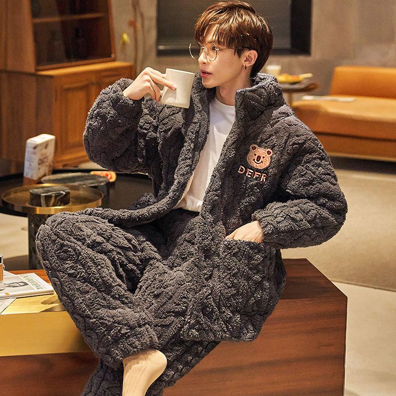 Men's Three-Layer Thickened Cotton Winter Pajamas - Warm, Simple, Luxury, and Suitable for Indoors and Outdoors.