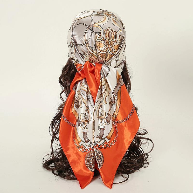 Satin Square Scarf Women Muslim Hijab Elegant Print Silk Neckerchief Shawl Wraps Headband Handle Hair Accessories Bandana