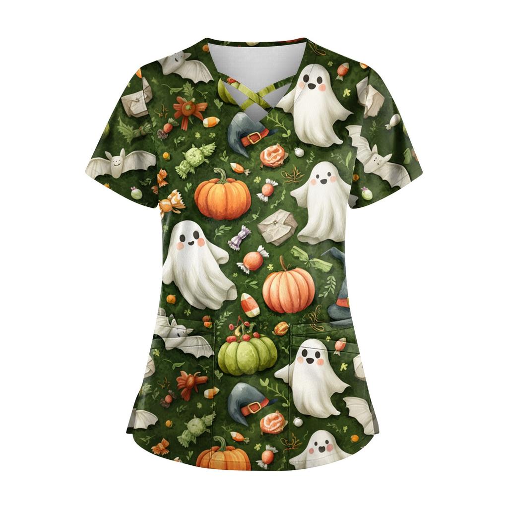 Women's Short Sleeve Stagger V Neck Print Pocket Dry- Top