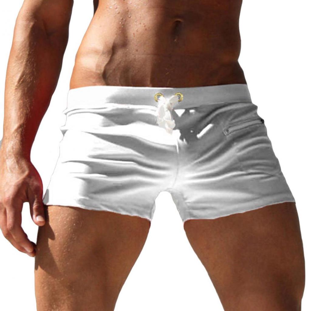 Men's Solid-Color Swimming Trunks With Drawstring Pockets Slim Beach Shorts And Swimwear