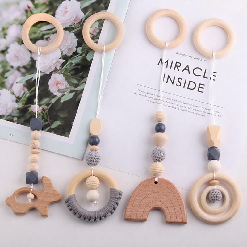 4pcs Organic Rainbow Beech Wood Soft Teether Baby Teething Toy Gift Set Food Grade BPA Free Safe Newborn Infant Beads 30cm